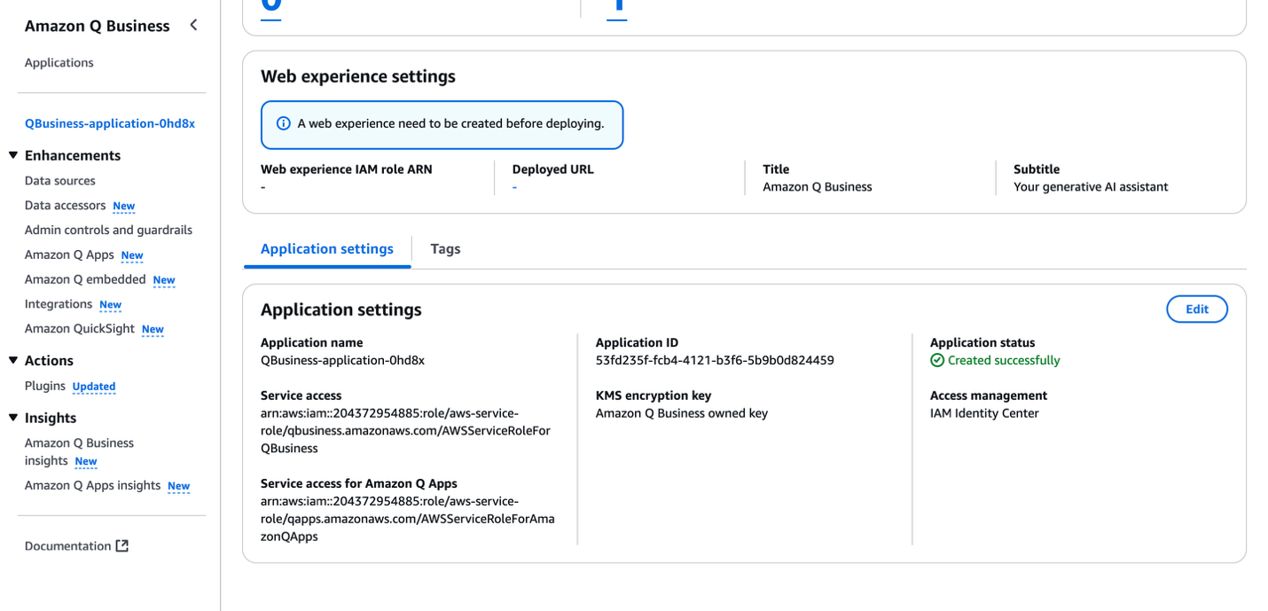 Консоль Amazon Q Business с настройками веб-опыта