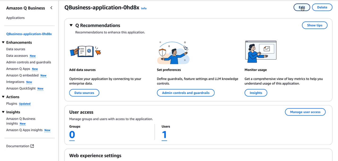 Страница деталей приложения Amazon Q Business с кнопкой Редактировать