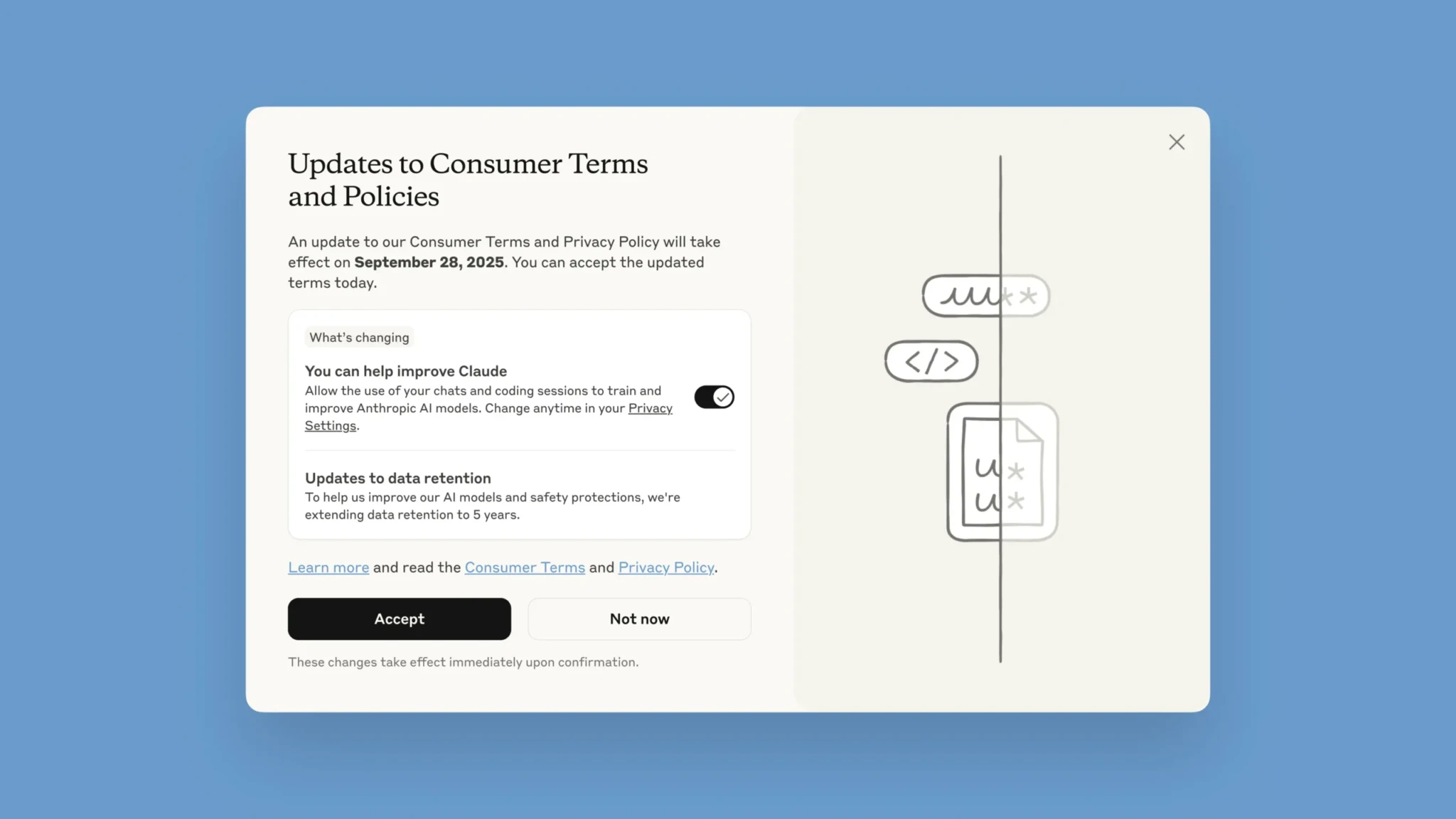 Модальное окно настроек использования данных для обучения в приложении Claude