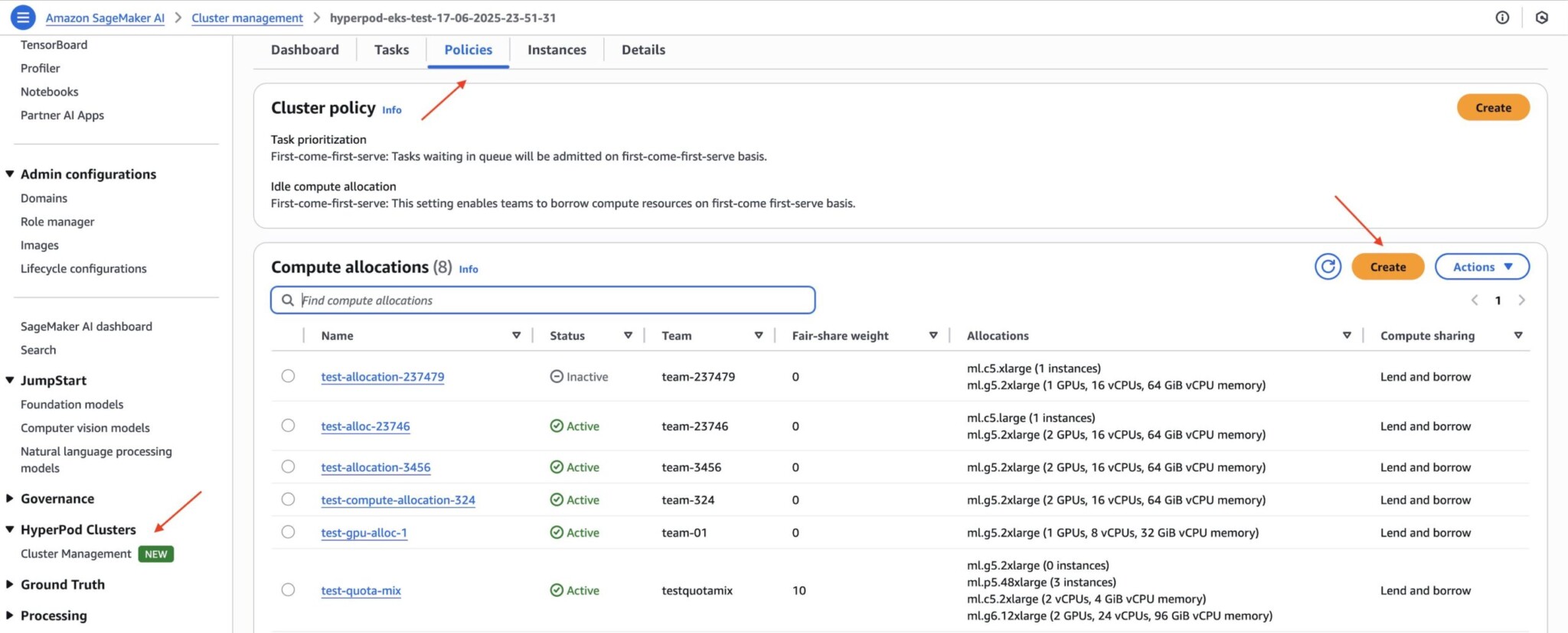 Интерфейс консоли AWS с созданием выделения вычислений для управления задачами в HyperPod