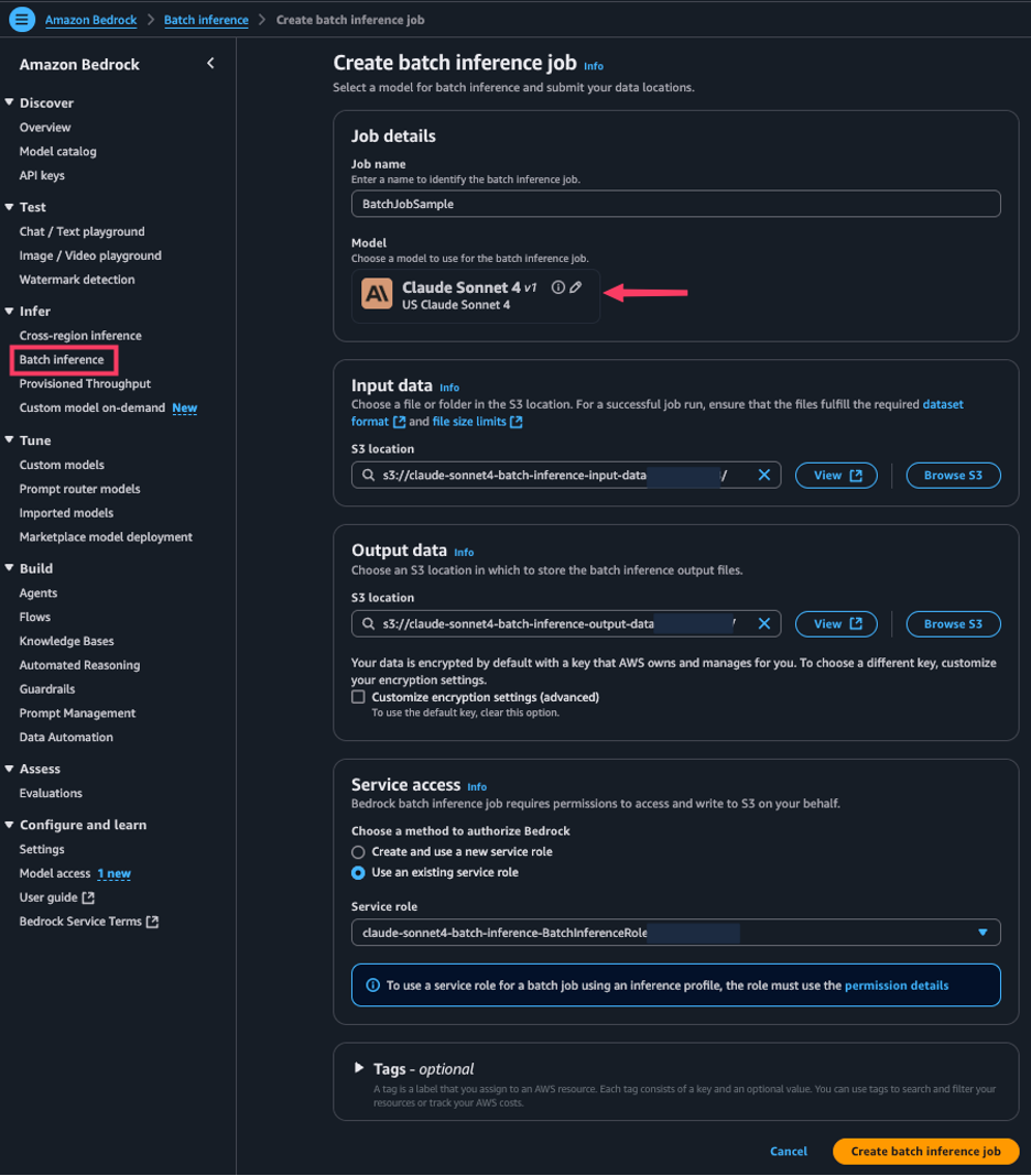Интерфейс создания задания пакетной обработки в сервисе Amazon Bedrock
