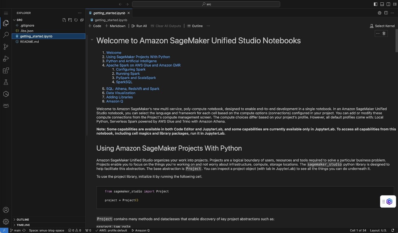 Интерфейс редактора кода с проводником файлов и блокнотом getting_started