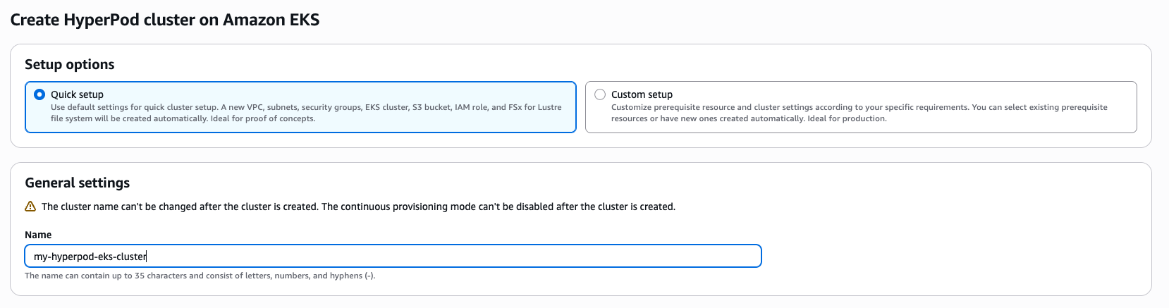 Интерфейс консоли Amazon SageMaker для создания кластера HyperPod