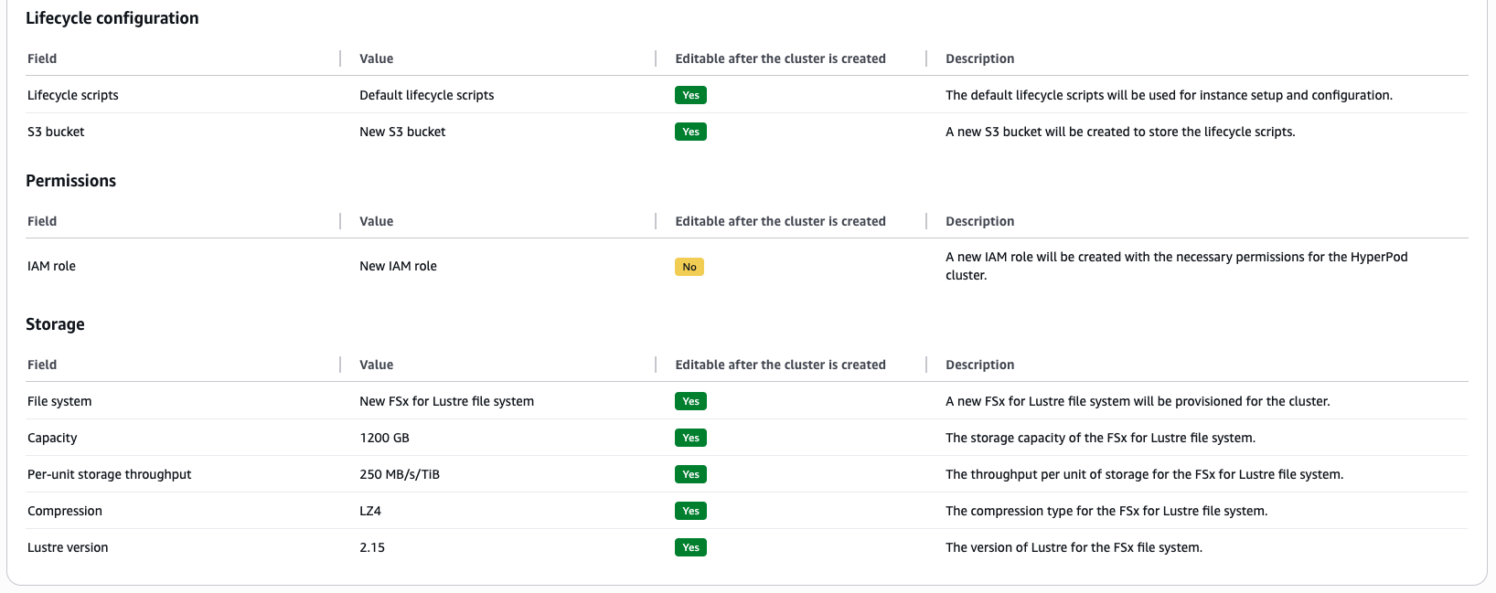 Экран настройки разрешений жизненного цикла и конфигурации хранилища в AWS