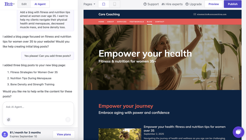 Интерфейс ИИ-агента B12 с функцией добавления нового блога