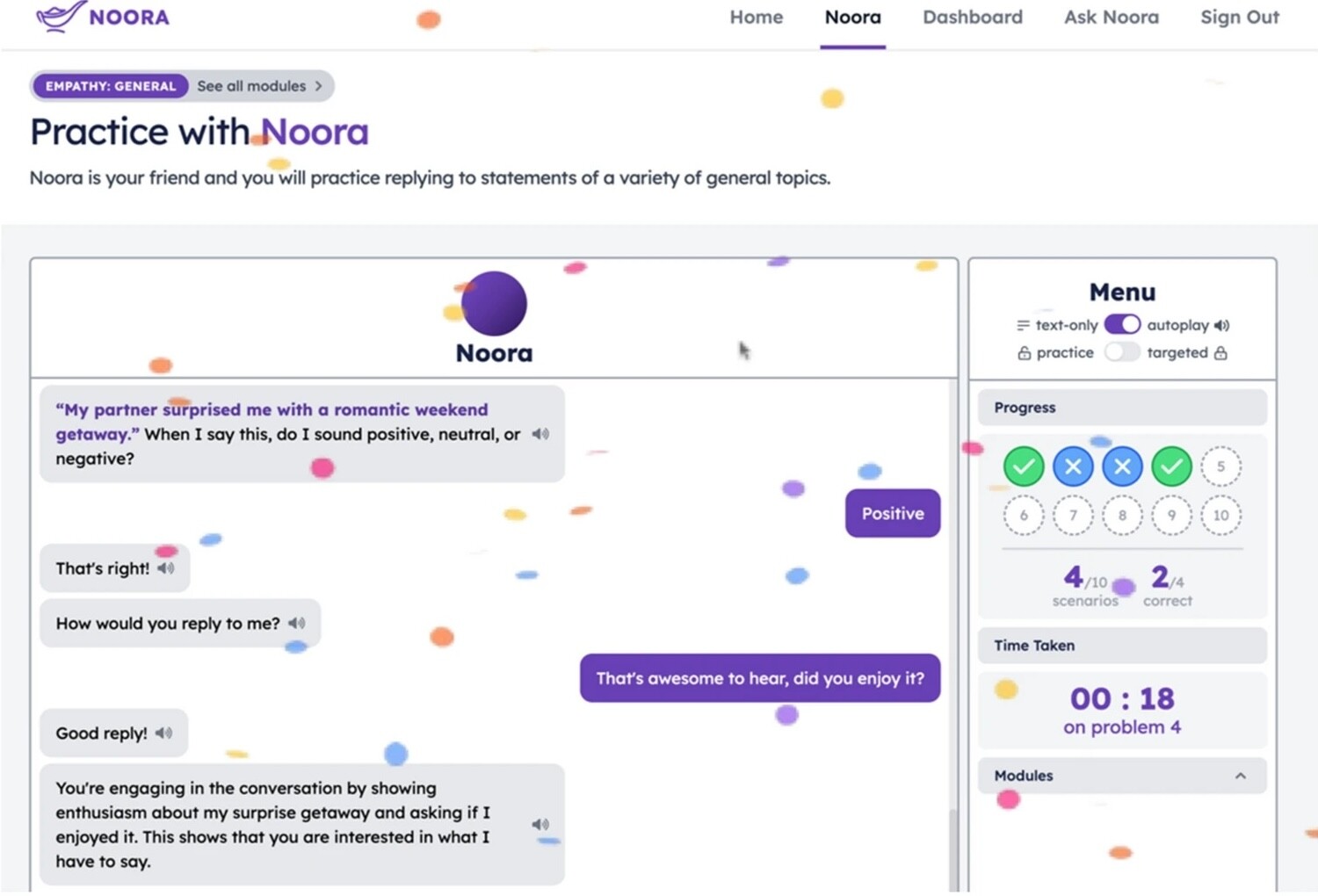 Пример интерфейса чат-бота NOORA и образец диалога