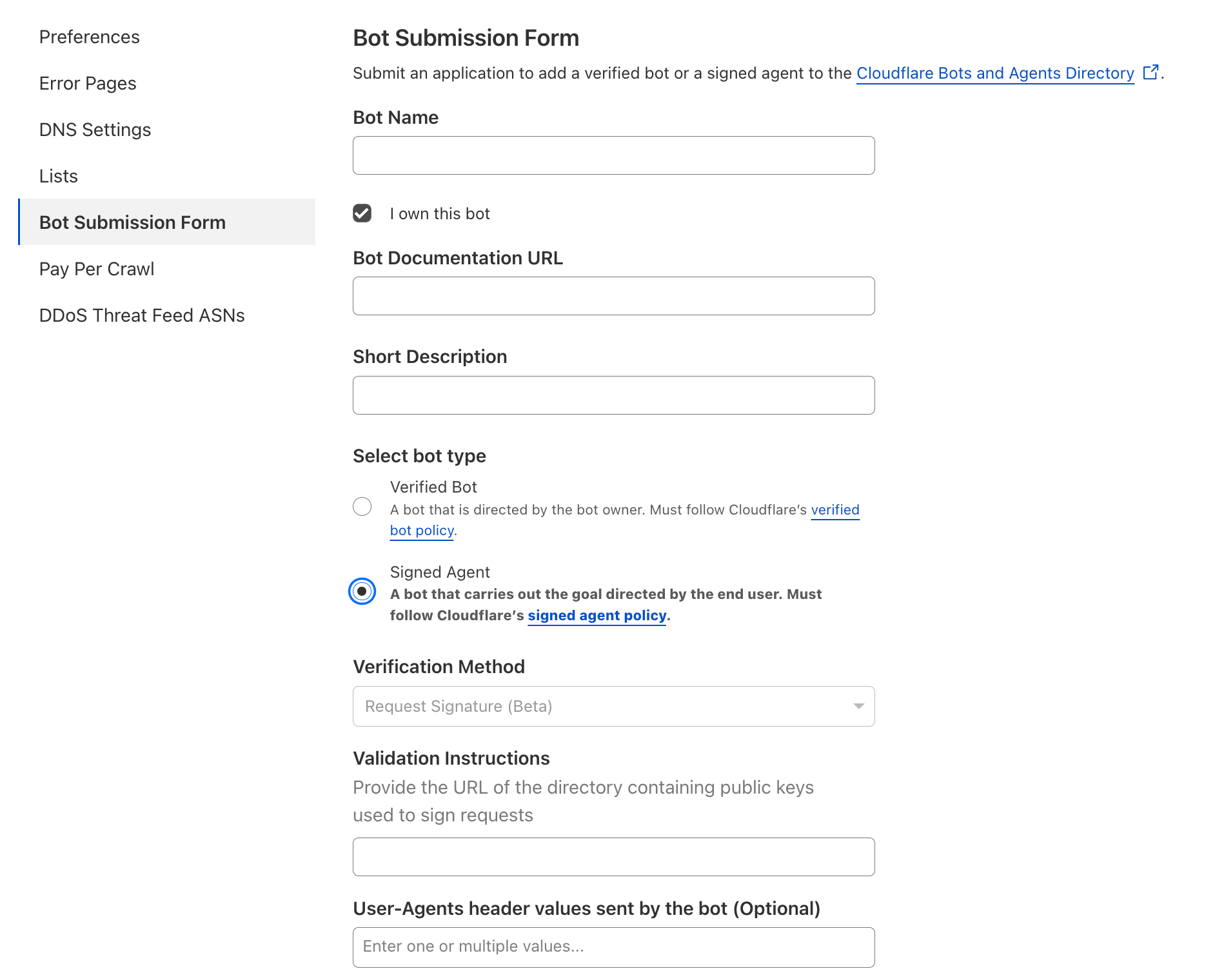 Интерфейс панели управления формой отправки ботов Cloudflare