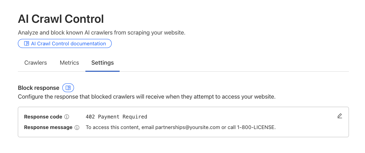 Конфигурация настроек AI Crawl Control в панели управления Cloudflare