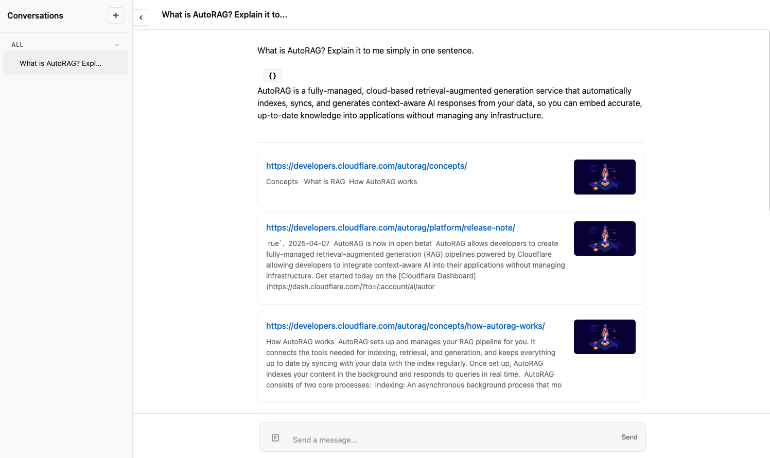 Интерфейс панели управления AutoRAG с индексацией веб-сайтов