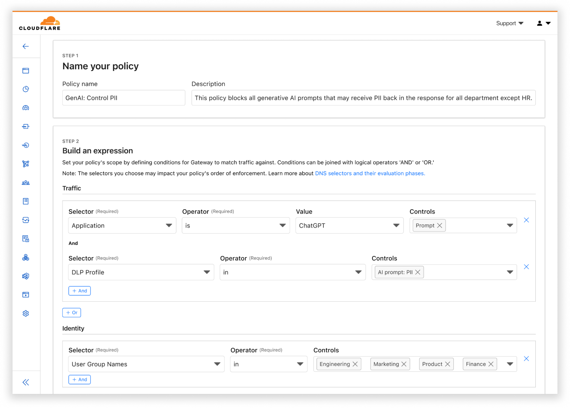 Пример конфигурации политики блокировки запросов с персональными данными для групп пользователей