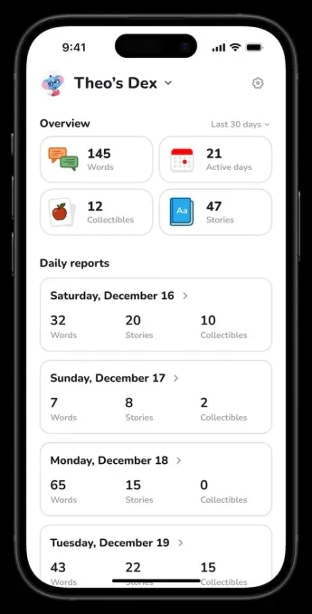 Интерфейс приложения Dex, показывающий прогресс в изучении языка