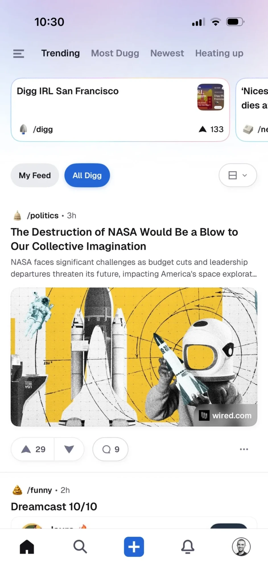 Интерфейс вкладки Тренды в мобильном приложении Digg для iOS