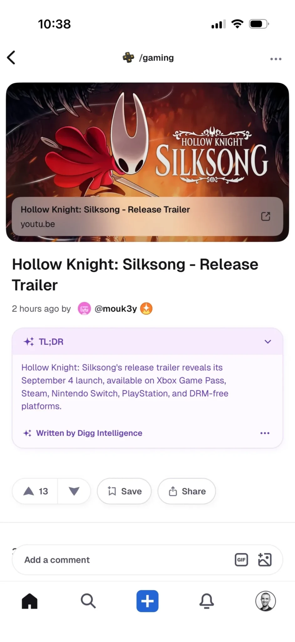 Публикация в Digg со ссылкой на трейлер Hollow Knight Silksong