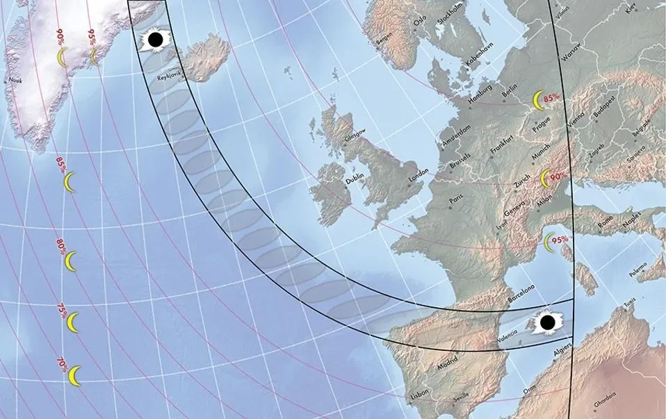 The path of totality covers Greenland, Iceland and Spain on August 12, 2026.