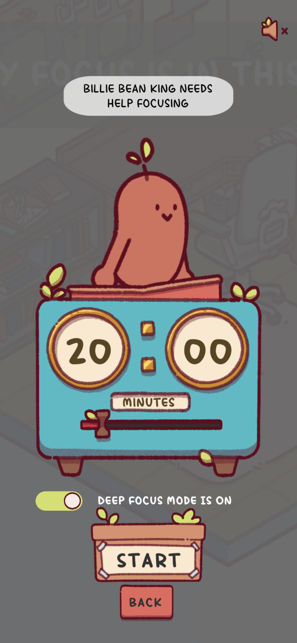 Антропоморфный боб сидит на таймере в приложении Focus Friend