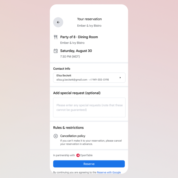 Пример интерфейса агентского ИИ Google для бронирования столиков в ресторанах