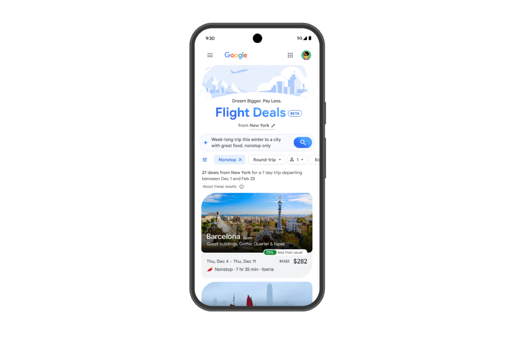 Интерфейс Google Flight Deals с ИИ-результатами поиска авиабилетов