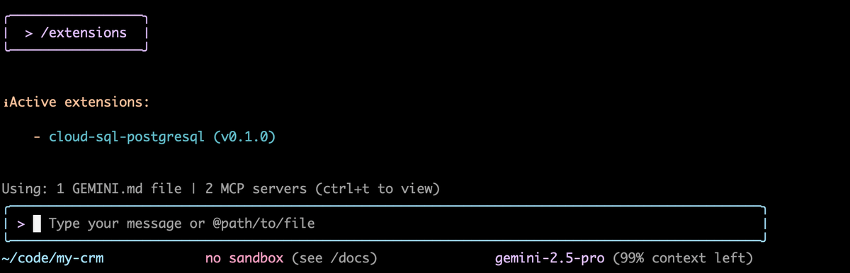 Скриншот списка расширений командной строки Gemini для облачных баз данных
