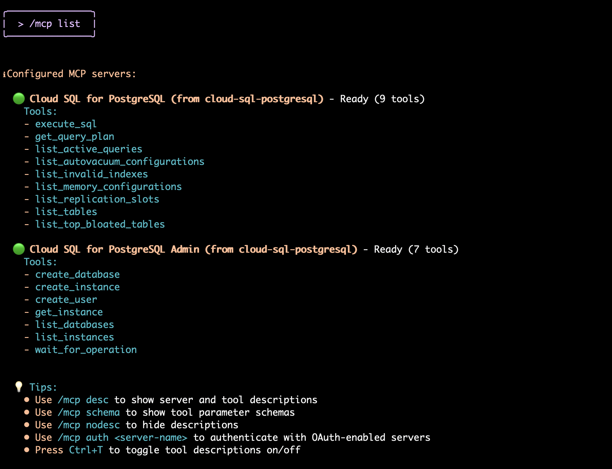 Скриншот терминала со списком серверов протокола контекстных моделей (MCP)