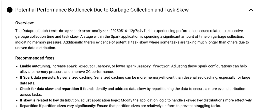 Интерфейс анализа узких мест производительности в Gemini Cloud Assist для Apache Spark