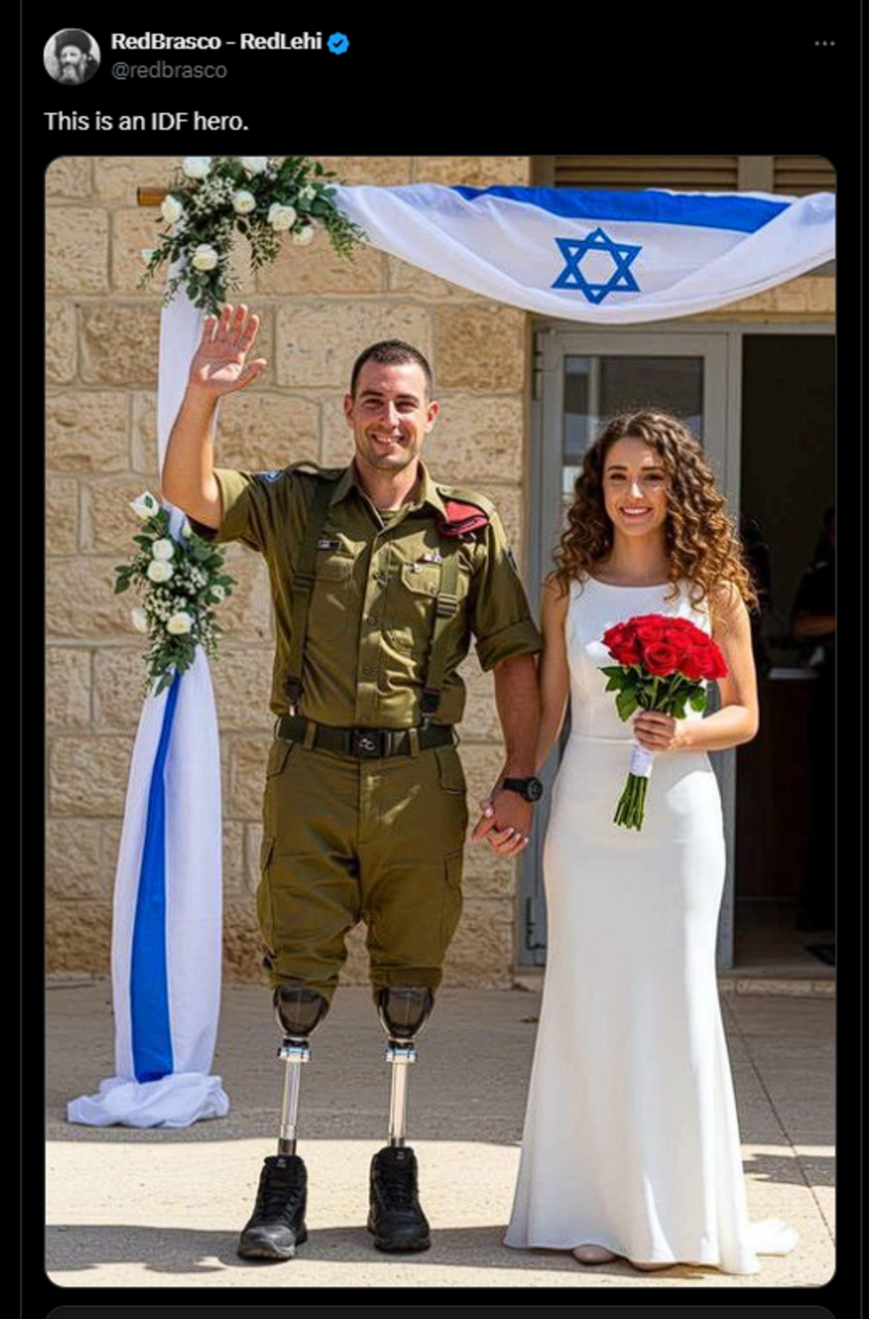 Сгенерированное ИИ фото свадьбы израильского солдата с ампутированными ногами