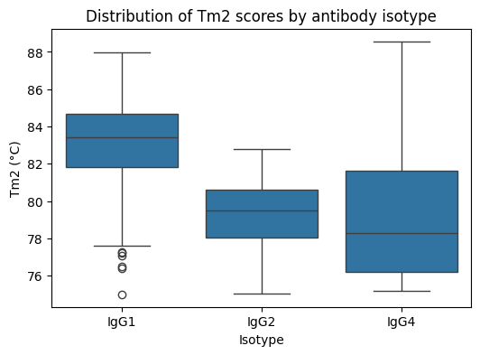 Боксплот распределения температуры плавления Tm2 по изотипам антител