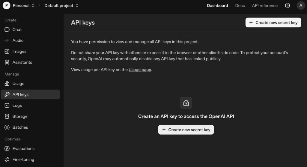 Подключаем апи ключ опен аи
