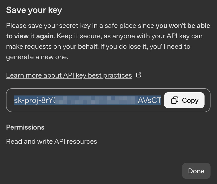 Подключаем апи ключ опен аи - скриншот ключа