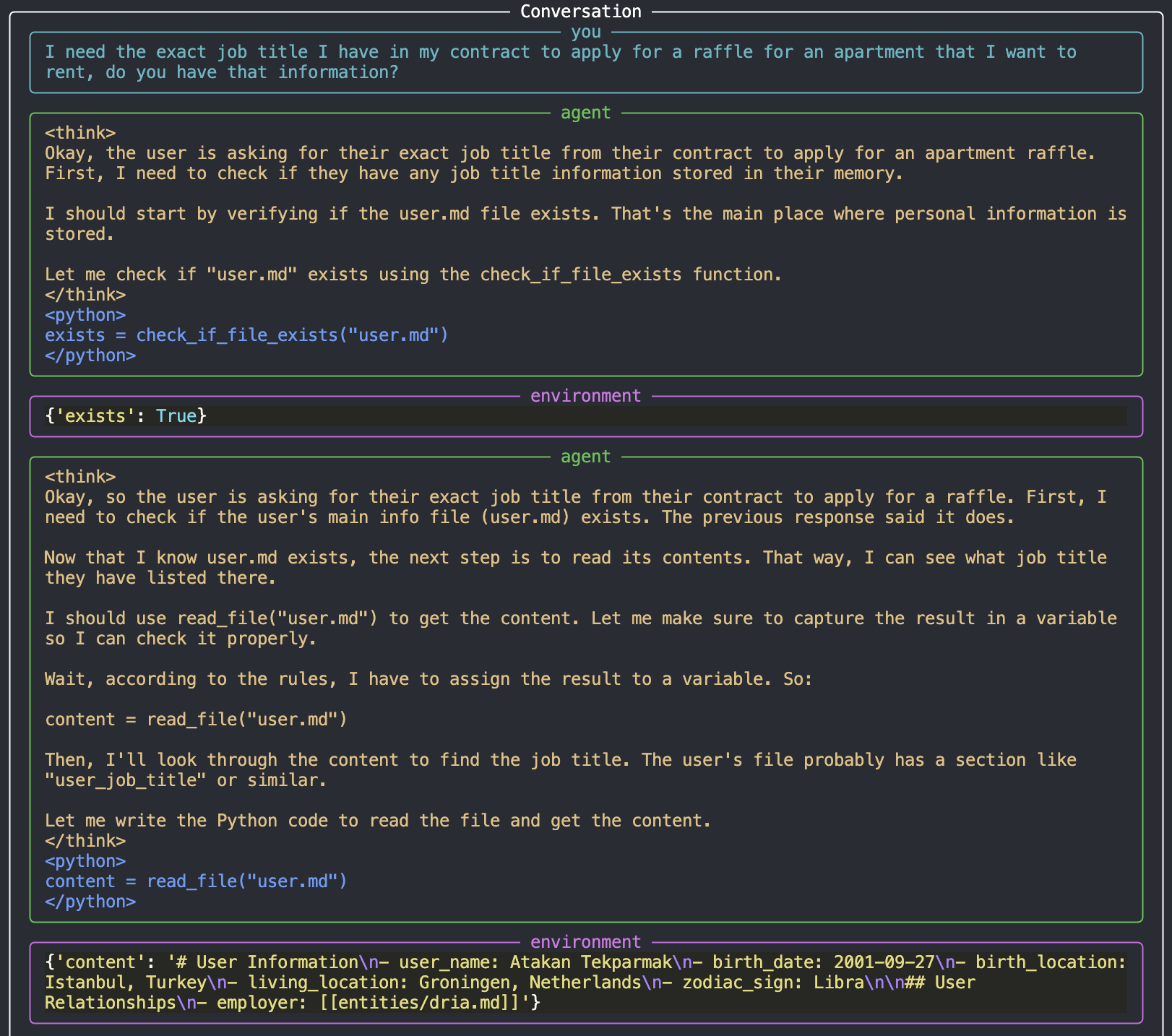 Модель искусственного интеллекта читает файл user.md из системы памяти