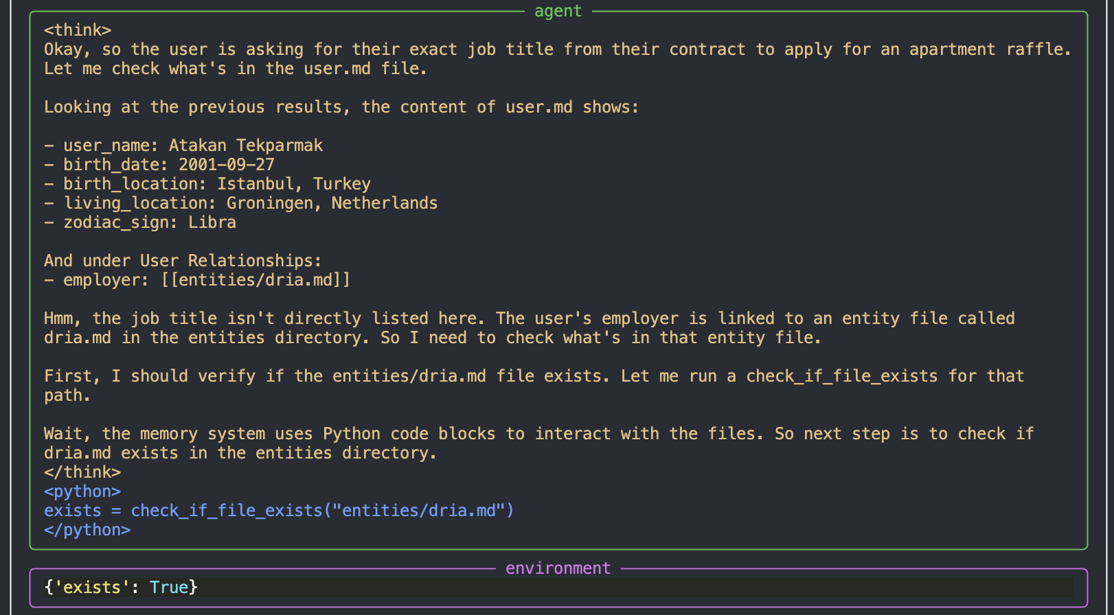 Модель проверяет существование файла entities/dria.md с памятью ИИ-агента