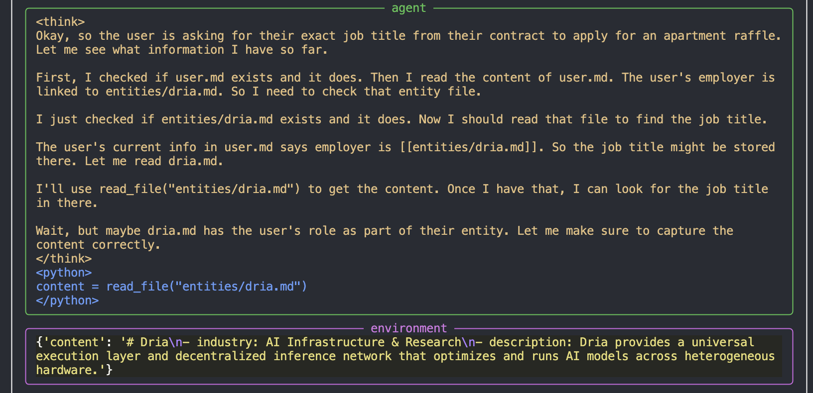 Модель ИИ читает содержимое файла entities/dria.md с данными