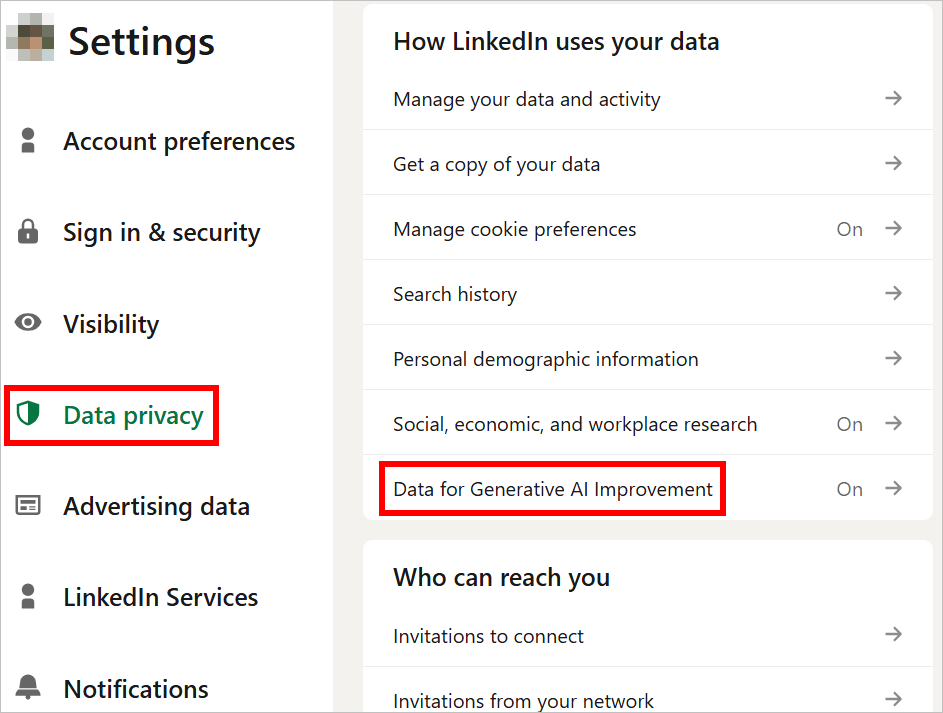 Раздел конфиденциальности данных LinkedIn с опцией улучшения генеративного ИИ
