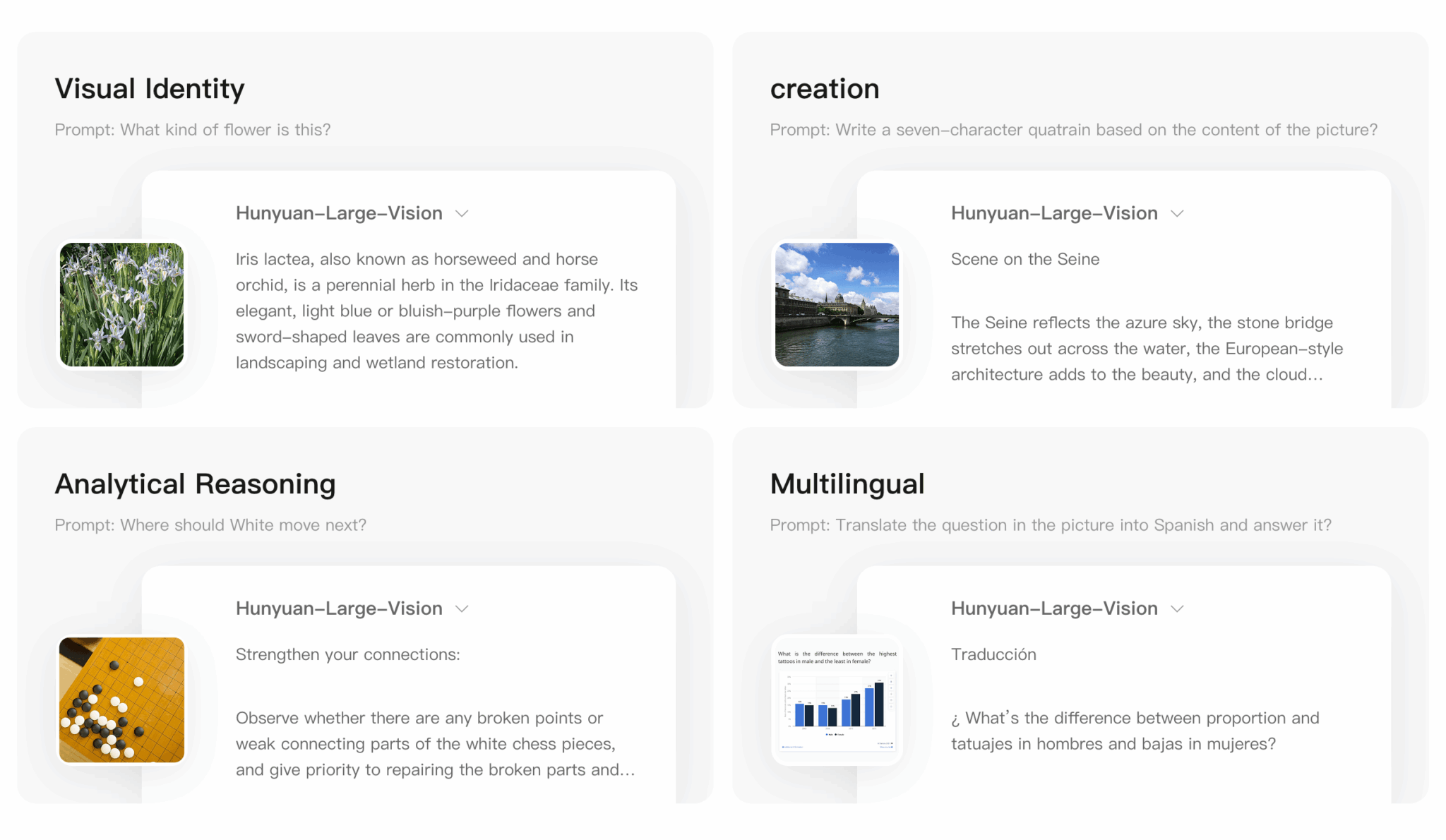 Примеры работы мультимодальной модели Hunyuan-Large-Vision в различных задачах