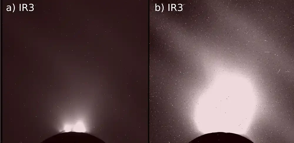 Снимок аппарата Кассини с радужными полосами на спутнике Энцелад