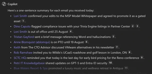 Пример работы Copilot в Microsoft 365: сводка писем и чатов в Teams