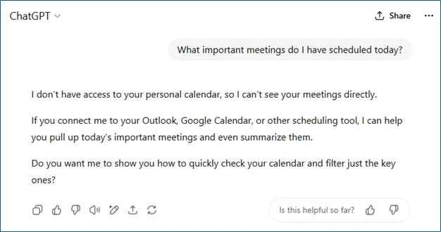 Пример невозможности доступа GPT-5 к данным календаря