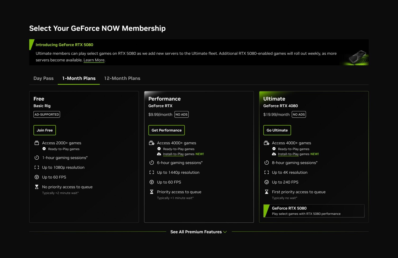 Матрица продуктов GeForce NOW Blackwell с уровнями подписки и функциями