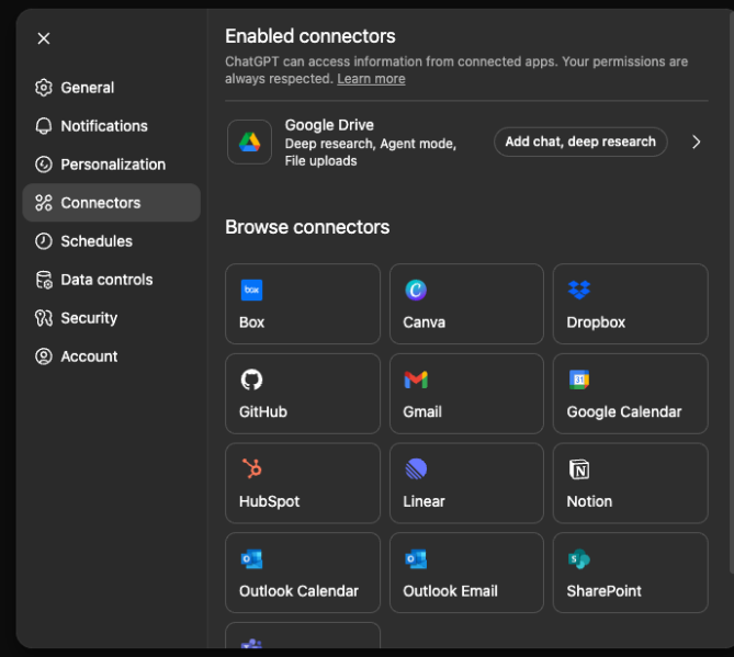ChatGPT connectors gallery view with available external apps
