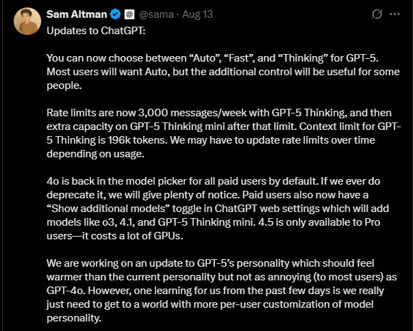 Пост Сэма Олтмана о лимитах GPT-5