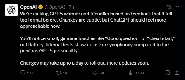 Анонс OpenAI об обновлении личности GPT-5