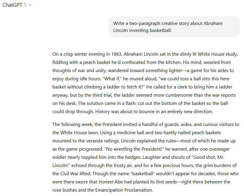 GPT-5 рассказывает историю об игре Авраама Линкольна в баскетбол