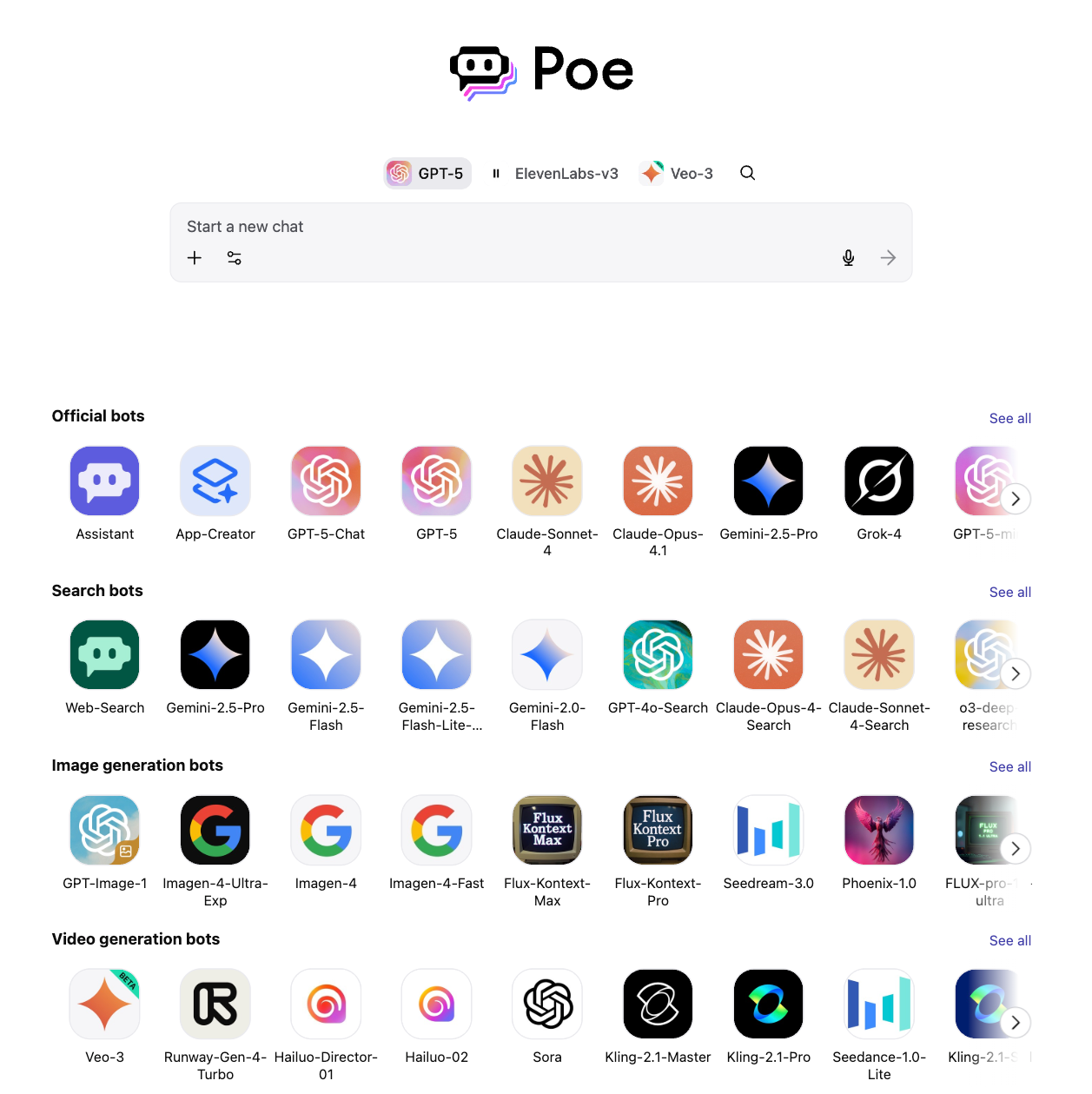Интерфейс платформы искусственного интеллекта Poe с несколькими ИИ-чатами