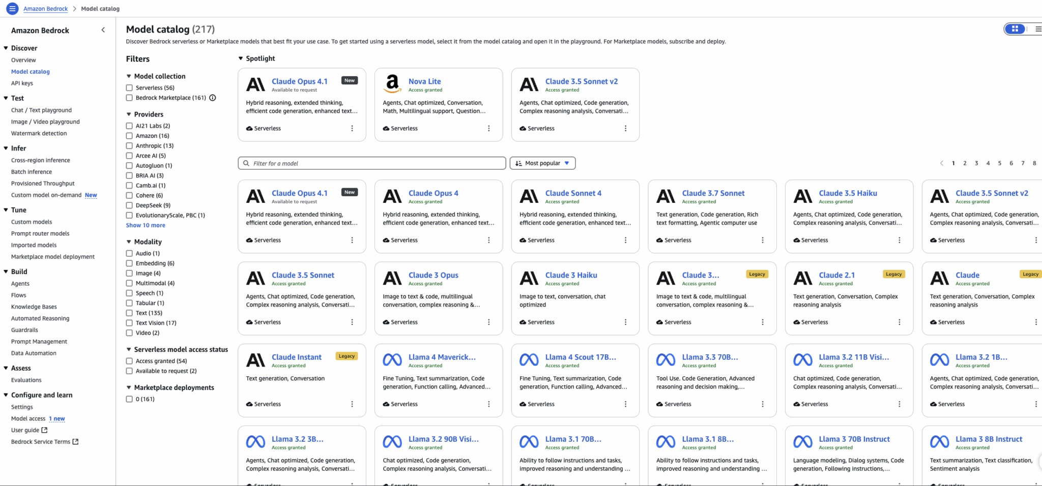 Каталог моделей Amazon Bedrock с отображением базовых моделей ИИ