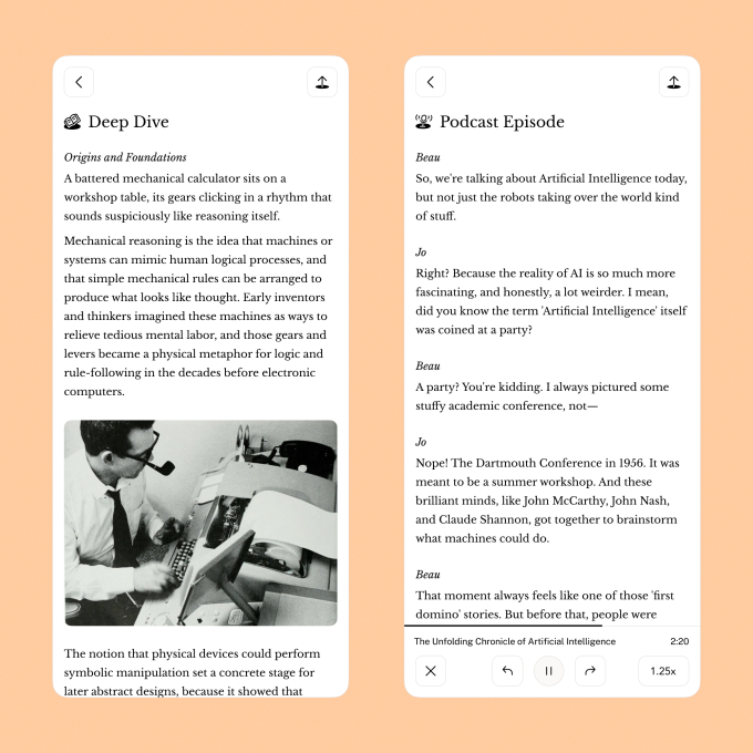 Скриншоты приложения Oboe: формат глубокого погружения и эпизода подкаста