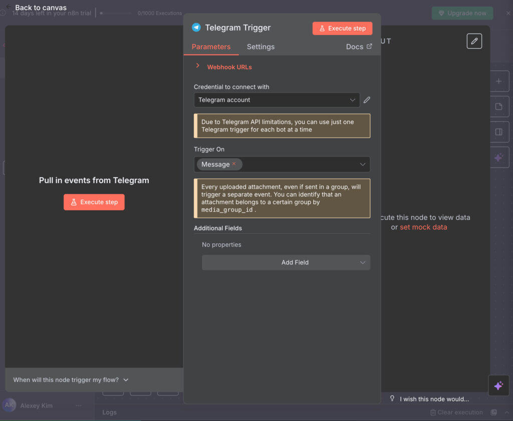 Тестируем подключение к тг в n8n