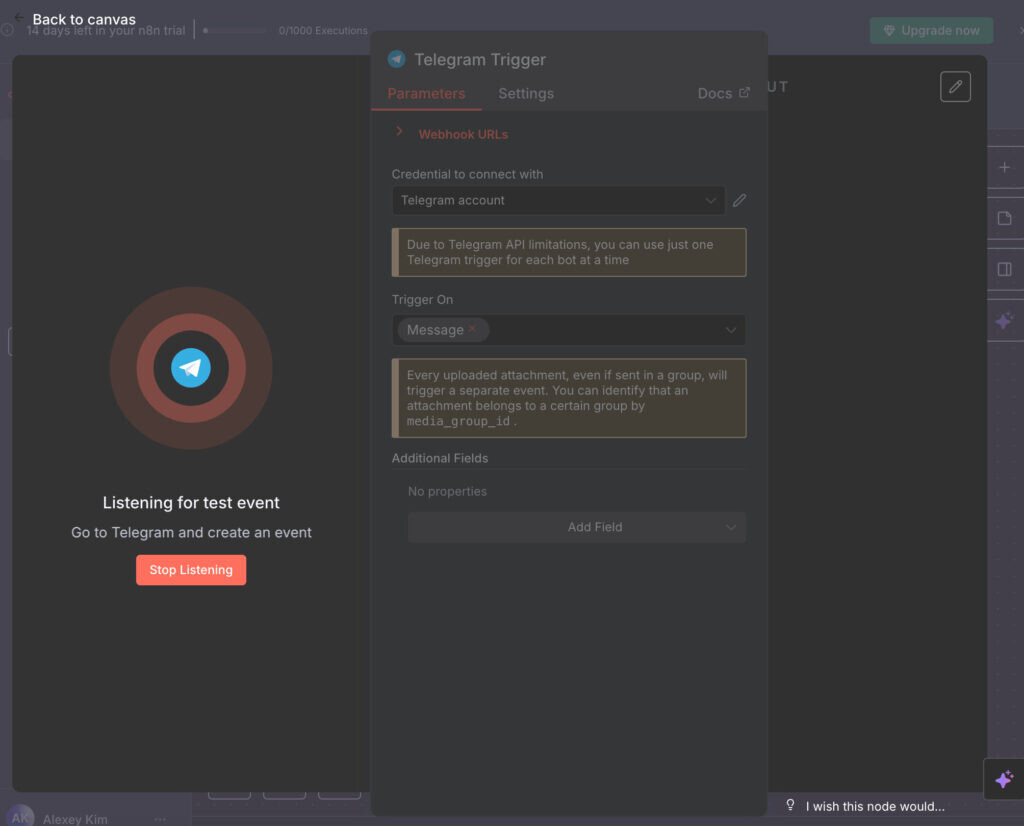 Проверяем связь с ботом в n8n