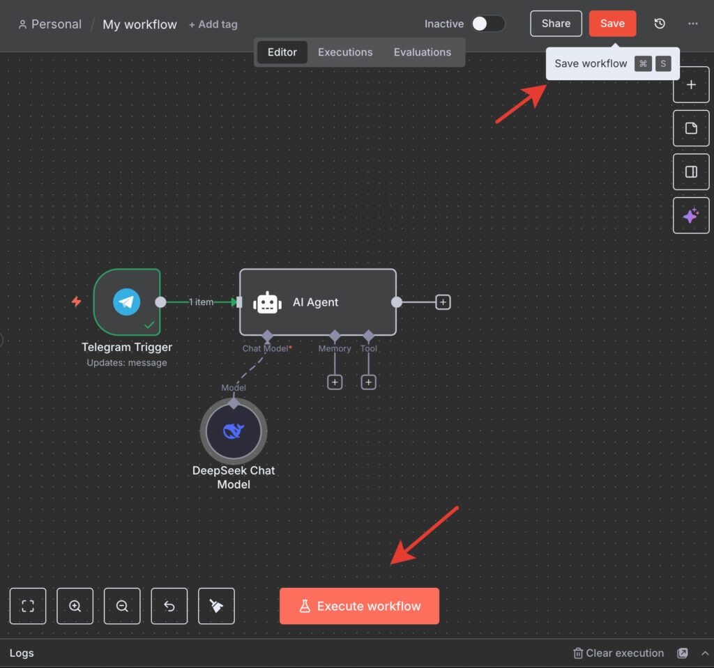 Сохраняем и тестируем флоу в н8н