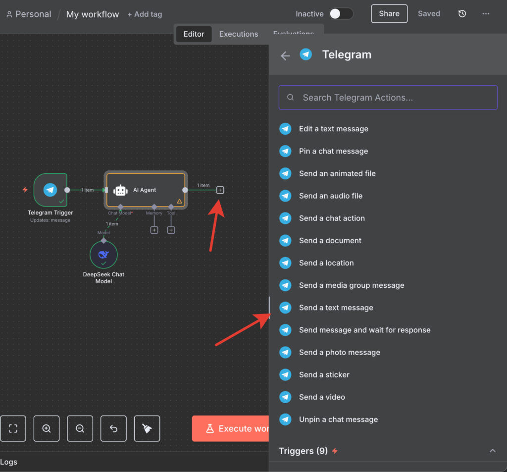 Добавляем узел в н8н - сообщение в телеграм