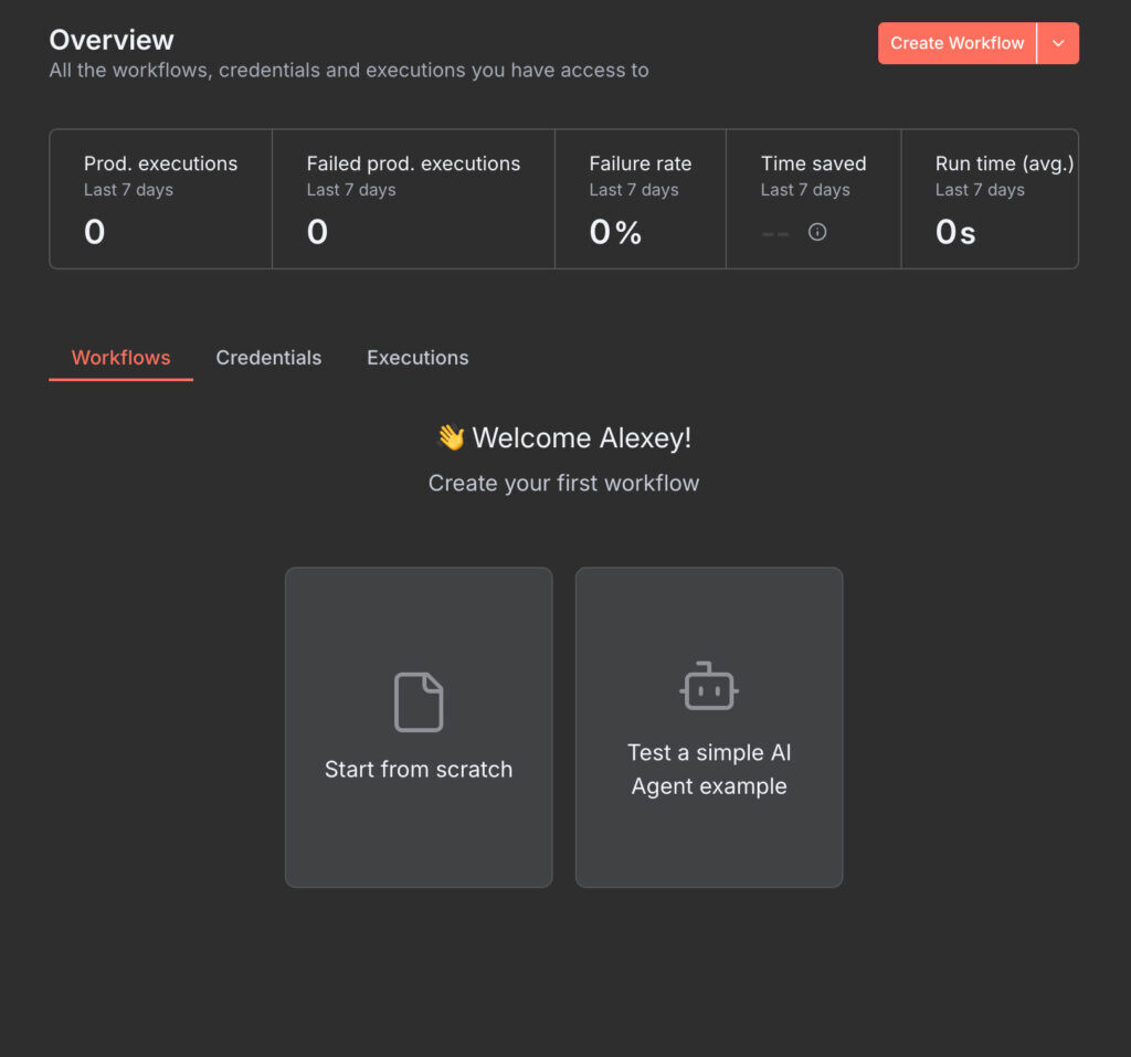 Стартовый экран n8n после регистрации в сервисе