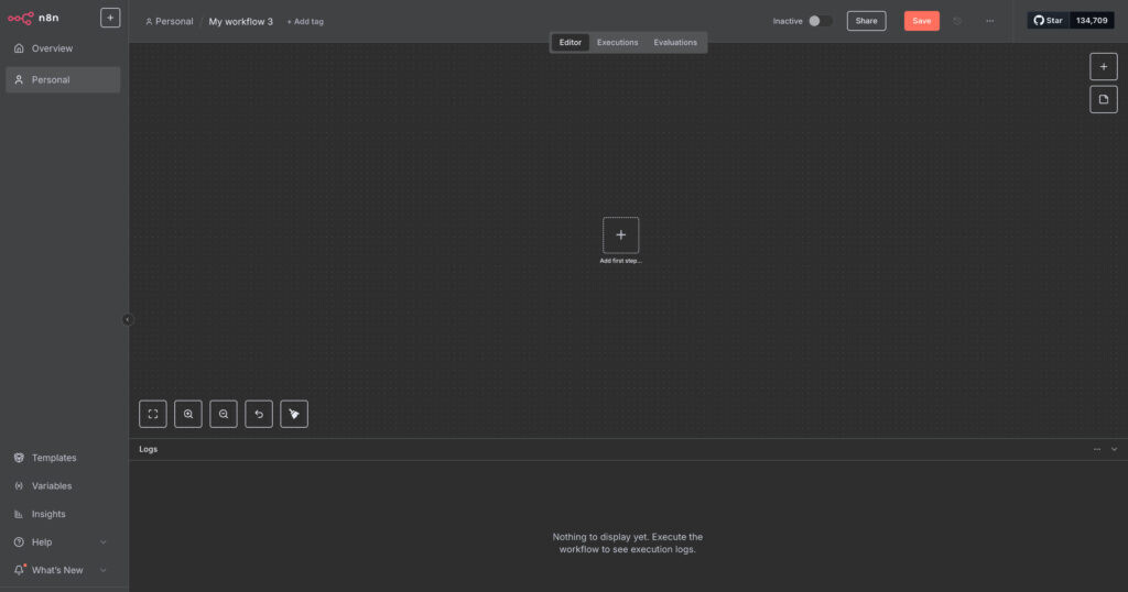 Так будет выглядеть ваш стартовый экран проекта в n8n